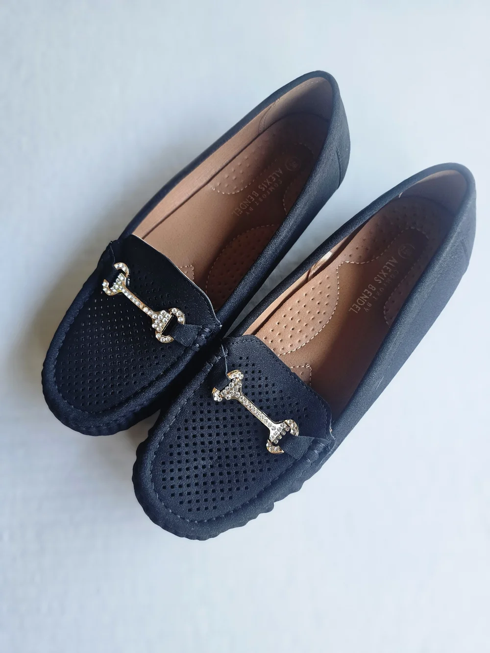 Alexis Black Perforated Suede Loafers with Gold Bit